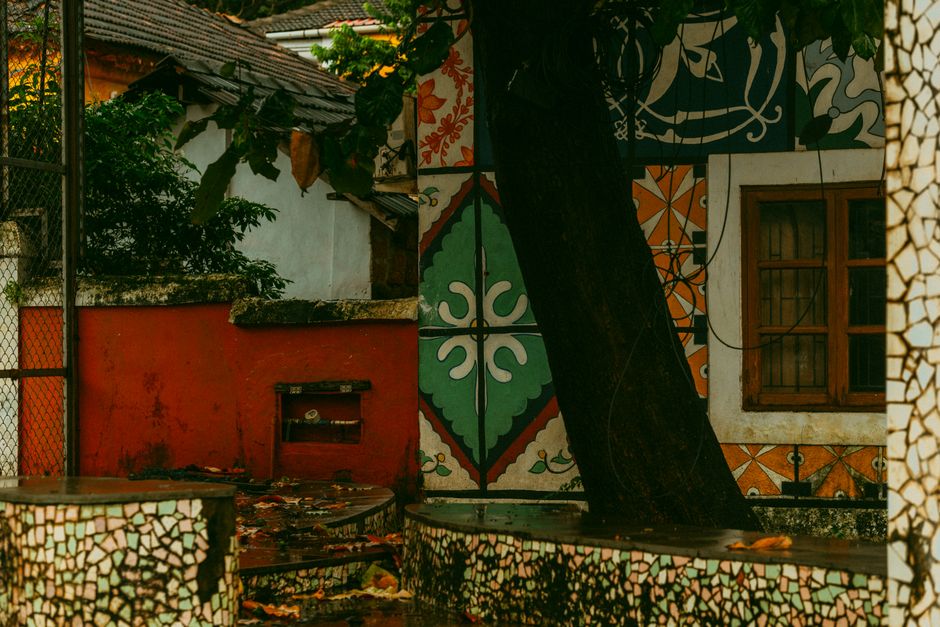 Painted pattern on an outdoor wall with a tree in front.